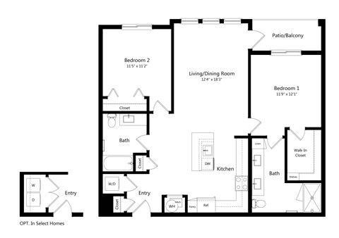 Floor plan for 2 beds, 2 baths, 1142 sqft